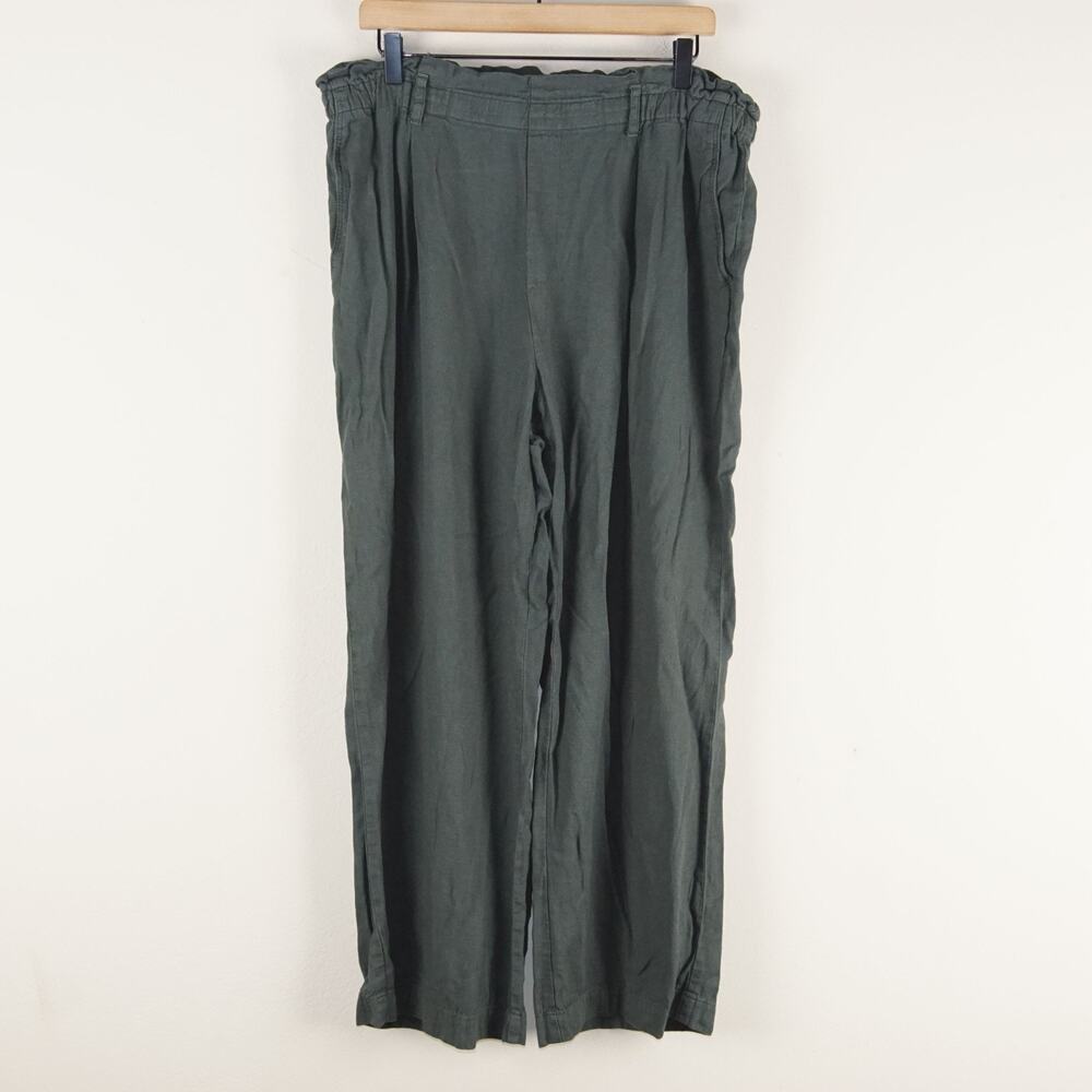 Uniqlo Elastic Waist Pull On Wide Leg Linen Blend Green Pants Womens Sz XL